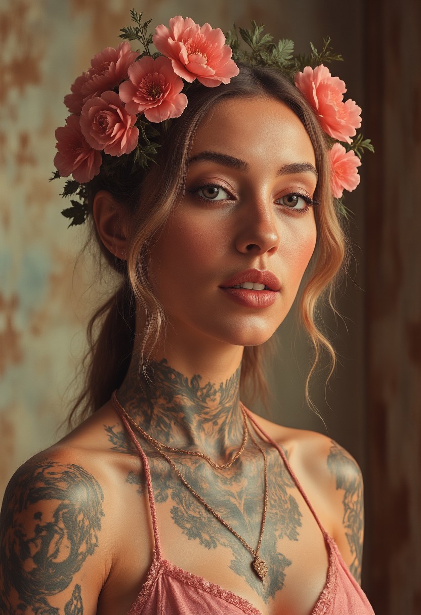 Full sexy female portrait, ornaments, flowers, golden jewelery, golden tattoos, fractal freestyles