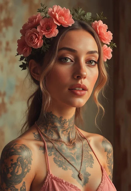 Full sexy female portrait, ornaments, flowers, golden jewelery, golden tattoos, fractal freestyles