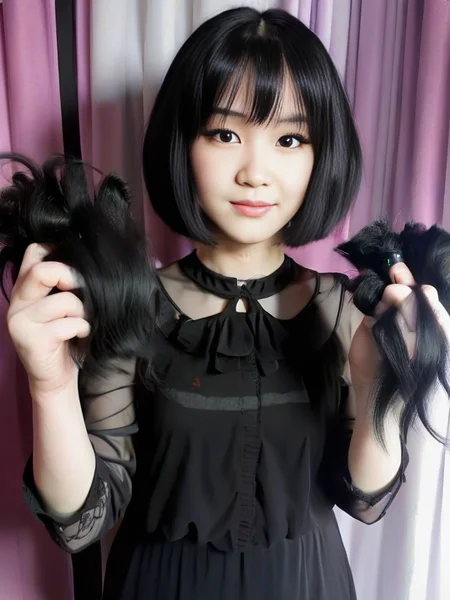 yandere goth girl, with a short hair holding a huge amount of her (cut off hair:1.2) <lora:extreme_haircut_v2:1>