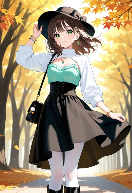 (masterpiece, best quality, absurd res, detailed, amazing quality, vivid colors, newest, very aesthetic, highres, expressive eyes), dim light, soft light, rim light, wind, autumn, falling leaves, hand_on_headwear,
medium hair, green eyes, frilled camisole, camisole, shrug, high collar, necklace, lipstick, handbag, light smile, charm \(jewelry\), ring, bow, light blush, light particles, bracelets, corset, belted skirt, knee_skirt, white pantyhose, heeled boots, hat_bow, hat,