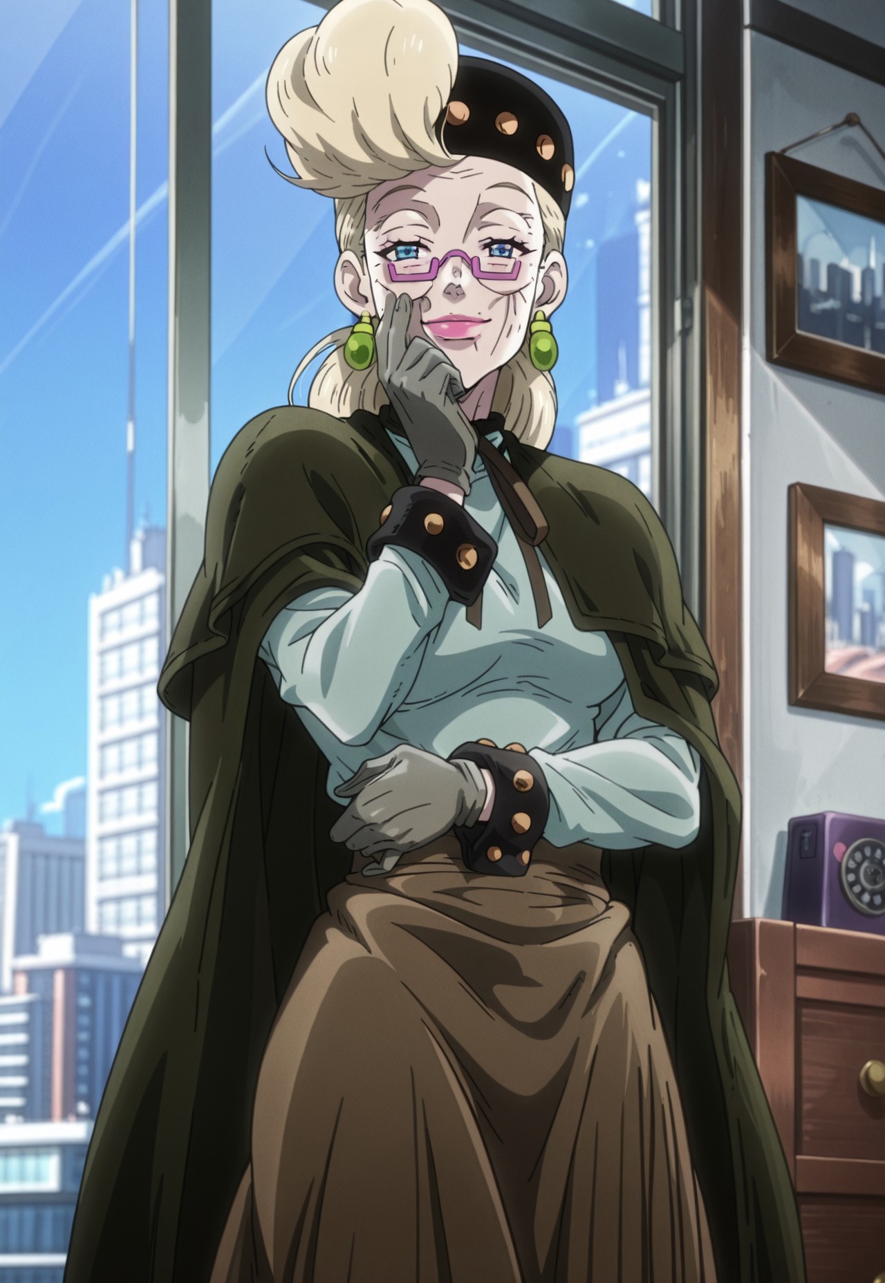 (masterpiece, amazing quality, best quality, anime coloring,detailed),very aesthetic, illustration, perfect composition, intricate details, absurdres, incredibly absurdres, (((1girl,solo,OldSuziQ, Blonde Hair, Blue Eyes, Pink Lipstick, Purple Glasses, Green Earrings, Mature,Black Hat, Bronze Studded Hat, Teal Turtleneck, Dark Green Cloak, Brown Ribbon, Brown Long Skirt, Spotted Cuffs, Gray Gloves,perfect face,detailed eyes))),cowboy shot,standing,indoors, apartment, window, city background,hand on face,hand clutching waist,looking at viewer,smile,half-closed eyes