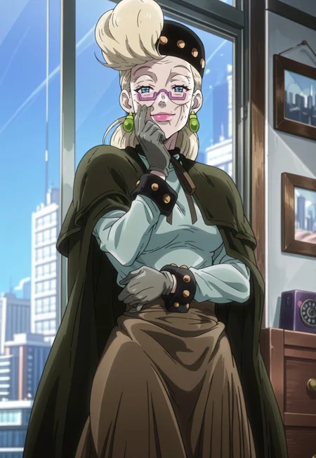 (masterpiece, amazing quality, best quality, anime coloring,detailed),very aesthetic, illustration, perfect composition, intricate details, absurdres, incredibly absurdres, (((1girl,solo,OldSuziQ, Blonde Hair, Blue Eyes, Pink Lipstick, Purple Glasses, Green Earrings, Mature,Black Hat, Bronze Studded Hat, Teal Turtleneck, Dark Green Cloak, Brown Ribbon, Brown Long Skirt, Spotted Cuffs, Gray Gloves,perfect face,detailed eyes))),cowboy shot,standing,indoors, apartment, window, city background,hand on face,hand clutching waist,looking at viewer,smile,half-closed eyes