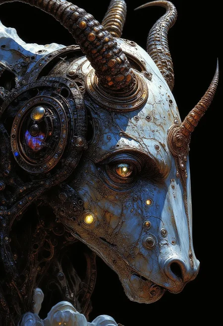 masterpiece, best quality, amazing quality, very aesthetic, absurdres, newest, volumetric lighting, holographic colors, horns, complex horns, cute, gradient colors, multicolored eyes, milf, dark background, masterpiece, best quality, amazing quality, very aesthetic, absurdres, newest, volumetric lighting, white sphere on the background