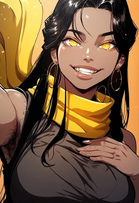 detailed face, detailed eyes, high resolution, intricate design, sharp edges, smooth, high detailed, god level, good proportions, detailed fingers, hairymorph, hairy arms, hairy legs, hairy thighs, hairy armpits
...
(Dam RyungKyung, 1girl, huge breasts, covered breasts, dark-skinned female, yellow eyes, black hair, long hair, earrings, yellow scarf, black kimono, sleeveless, thicc thighs)
...
looking at viewer, standing still, front view, hand on chest, close up, selfie, thighs up
...
score_10, score_9, score_8, 1girl, solo, alone, beatifull smile, teeth, expressive eyes
...
orange background