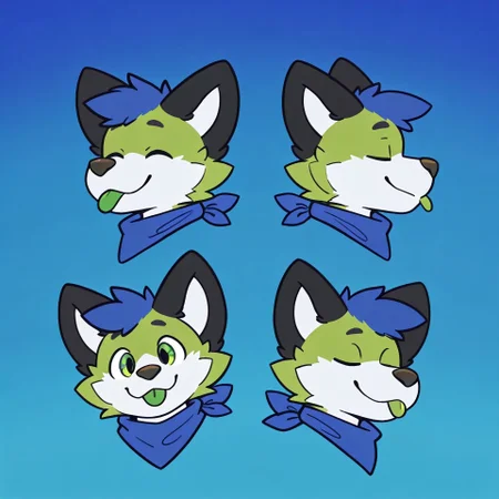 best quality, amazing quality, high resolution, masterpiece, very aesthetic, absurdres, newest, simple art, furry, furry male, anthro, ((outlines, flat colors)),
syuro, chun13, zuppu11, (((detailed eyes)), blue background, gradient background, eyes closed, smile, (((green tongue, blep))), looking at viewer, (((portrait, dynamic face))), blue bandana, (((contrast, colorful))), ((high angle view, from above, dynamic pose, side view)),
lim3, (((green body, white fur))), (((better quality))), black ears, white inner ear, brown nose, blue hair