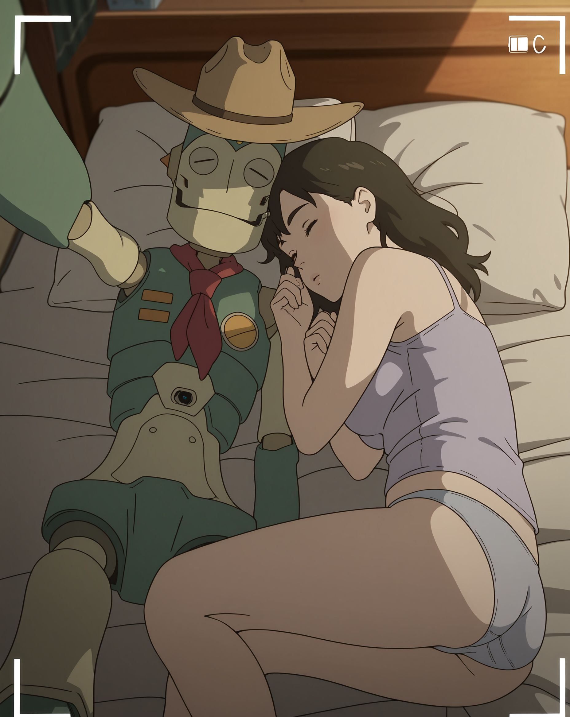 masterpiece,best quality,amazing quality,very aesthetic,absurdres,newest, huge filesize,
<lora:spo_sdxl_10ep_4k-data_lora_webui:0.5>,anime screenshot, 
<lora:add-detail-xl:1>
<lora:Robot_on_the_Road__mina__robot-000013:1>
Robot on the Road,
1girl,r_mina,1boy,
sleeping,pillow,
on side,underwear,
panties,bed,black hair,closed eyes,
lying,
r_robot,
hat,
selfie,