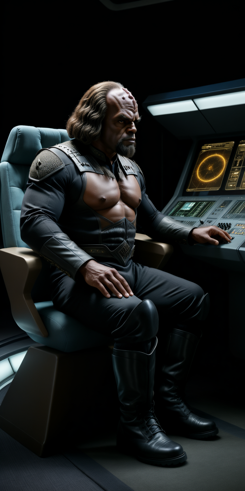 (masterpiece:1.5), realistic, (full body shot:1.2), cinematic, photograph, WORF, sitting in a chair at a control panel on the bridge, (black combat boots:1.5)), (cinematic lighting:1.3), (sharpen light:1.2), (intricate shadows:1.3), cinematic shot, high resolution, cinematic lighting, reflections, HDR, 8K resolution, <lora:Star Trek TNG SDXL v1:0.75> <lora:Perfect Hands v2:0.7>  <lora:2BoutOvalSDXL2:1>