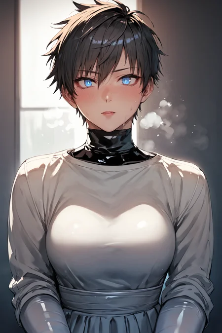 wedding dress, dynamic post, throwing her bouquet <lora:latex_under_clothes:1> latex under clothes, latex body suit, sweaty, steamy body, short tomboy hair, big boobs, blue eyes, source_anime, score_9_up, score_7_up, score_8_up