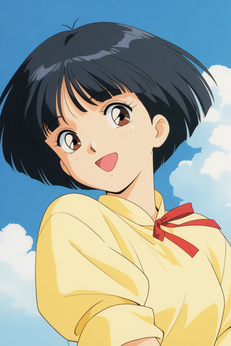 masterpiece, best quality, source_anime,official art,perfect_anatomy,1990s_\(style\),retro_artstyle, 1girl,,Natsumi_Mizuki,black_hair,short_hair,blunt_bangs,yellow_shirt,red_ribbon,(beautiful detailed face,looking_at_viewer,smile,open mouth),upper body,day,blue_sky,cloud