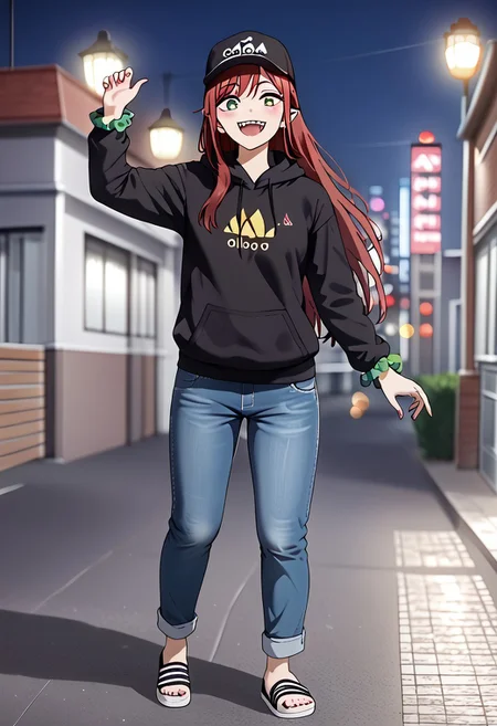 score_9, score_8_up, score_7_up, perfect eyes, partially illuminated, animification, animestyle, Anime_source, (4k), depth of field, (Masterpiece), extremely detailed, tall, long legs, medium breast, bokeh, high resolution, sharp detail, dark red hairs, redhair, dark red hair, <lora:Sono Bisque Doll wa Koi wo Suru - Marin Kitagawa Updated:0.7>, 1girl, fangs, green eyes, hair ornament, hair scrunchie, light blush, long hair, open mouth, smiling, pointy ears, scrunchie, happy, good hands, jeans shorts, leggings, opened black hoodie, baseball hat, top, every day clothing, Adidas Adilette sandals, beautiful feet, perfect feet, perfect toes, beautiful toes, night city background, ((masterpiece)), dynamic pose, (standing), night city, Tokyo city night, city night, BREAK, cowboy shot, dutch angle, looking at viewer, full body, feet,
<lora:add-detail-xl:-1><lora:minami-nanami-s1-ponyxl-lora-nochekaiser:0.8>