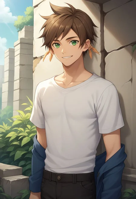 score_9, score_8_up, source_anime, highly detailed, 1boy, solo, male_focus, slender, skinny, upper body,
sorey, solo, brown hair, male focus, smile, 1boy, pants, upper body, green eyes,
shirt, black, shirt,
outdoor, ruins