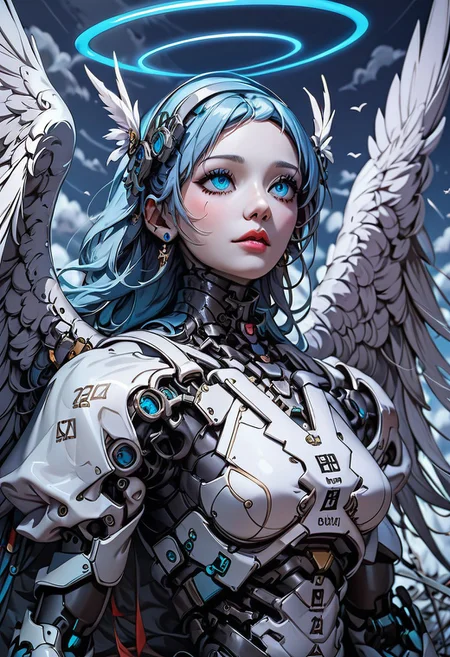 score_9, score_8_up, score_7_up, xenotr1p, (angel), (wings), (white, marble), mcnm, absurdres, (UHD), pure, (halo), holy, blue glow, angelic, Robot Skin, Android Skin, (close up), surrounded by clouds, highly detailed, best quality, masterpiece, digital_art, <lora:Mechanism-pdxl-1:1.0>,
composition;(from above, look up)