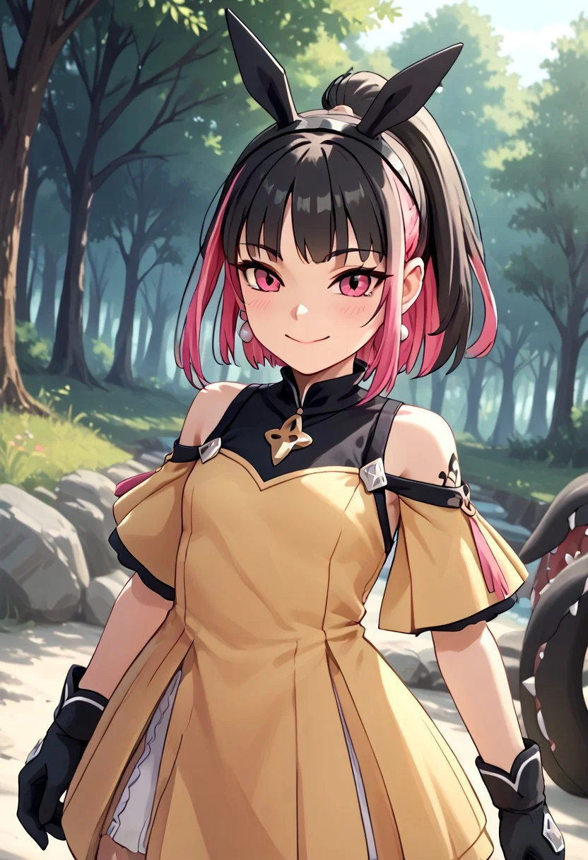 score_4,score_5,score_6,score_7_up,score_8_up,score_9 ((masterpiece,best quality,ultra detailed,highres,HD,4k:1.2)), 
1 girl,solo,face focus,
mawile, human girl,,young,petite,
ponytail,black hair,blant bangs,Tactile hair,earrings,small breast,s,multicolored hair,Inner color pink hair,earrings,small breast,tattoo,black head gear,earrings,small breast,
black gloves,skirt,shirt,Exposed shoulders, exposed upper arms, jewelry,
outdoors,in the forest,day,
standing,
smile,.blush,light smile,