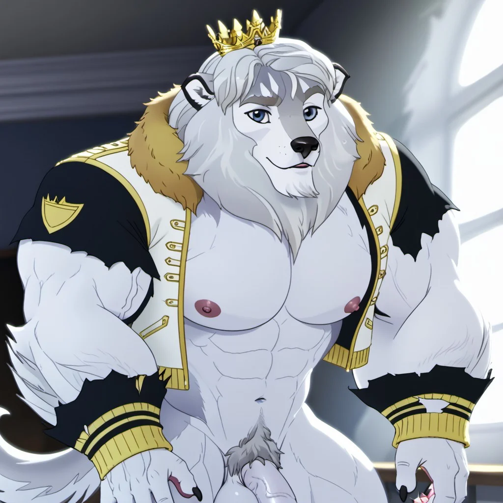 score_9, score_8_up, score_7_up, source:furry, dynamic lighting, detailed background, bedroom background, anthro, furry, male, 1boi, (headshot), solo, (detailed face, detailed eyes),
BREAK
DCharming_Beast, Daring Charming, Ever_after_high, Beast, Husky-Lion Hybrid, white fur, black nose, blue eyes, gold eyebrows, husky tail, curled tail, huge paws, snout, black ear markings, silver mane, white-and-gray hair, muscular body, torn letterman jacket, letterman jacket, torn clothes, torn sleeves, torn cuffs, crown, huge hands, hairy arms, hand-paws, black claws, black nailpolish, three toes, digitgrade legs
BREAK
hyper penis, hyper balls, hairy chest, hairy groin, curly pubes, erect, cumming, hyper knot, hyper muscles
<lora:add-detail-xl:1.5>