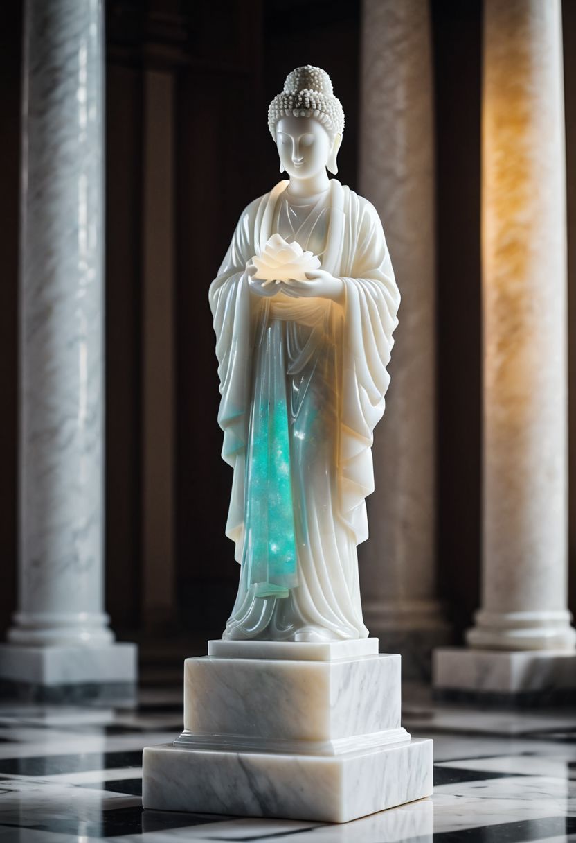 Fujifilm XT3, Sony A7 IV, (award winning photography) a (white: 0.89) marble (figurine) made of opal (Kintsugi: 0.89) set on a pedestal in temple, glistening. in the background beautiful pillars, divine (iridescent: 0.79), opalescent textures, volumetric light, ethereal, sparkling, studio photo, highly detailed, sharp focus (highest quality: 1.39) (highest coherency: 1.39) (award winning photography), highly detailed photography, (muted colors, cinematic, dim colors, soothing tones:1.2), vibrant, insanely detailed, hyperdetailed, (dark shot:1.2), (vsco:0.3), (intricate details:0.9), (hdr, hyperdetailed:1.2) (vignette), sss, raw photo, fijifilm, kodak, cinematic film grain