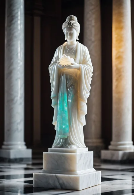 Fujifilm XT3, Sony A7 IV, (award winning photography) a (white: 0.89) marble (figurine) made of opal (Kintsugi: 0.89) set on a pedestal in temple, glistening. in the background beautiful pillars, divine (iridescent: 0.79), opalescent textures, volumetric light, ethereal, sparkling, studio photo, highly detailed, sharp focus (highest quality: 1.39) (highest coherency: 1.39) (award winning photography), highly detailed photography, (muted colors, cinematic, dim colors, soothing tones:1.2), vibrant, insanely detailed, hyperdetailed, (dark shot:1.2), (vsco:0.3), (intricate details:0.9), (hdr, hyperdetailed:1.2) (vignette), sss, raw photo, fijifilm, kodak, cinematic film grain