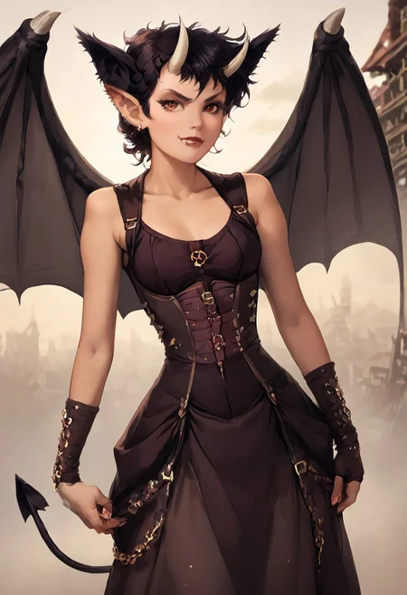 SFW, rating_all, score_10, score_8_up, score_7_up, official style, 1female, (((solo))), Friday, steampunk_costume, spade tail, demon wings, horns, ear-fluff-tips, GreFri, smug, beautiful, detailed, vector, flat colors