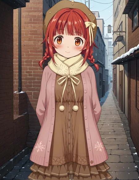 score_9, score_8_up, source_anime, 1girl, upper body, medium shot, detailed, mgrckaedeakino, kaedwtr, red hair, side braids, orange eyes, looking at viewer, rown beret, yellow scarf, yellow ribbon bow, brown dress, pink open cardigan, brown frilled skirt, hands behind back, outdoors, alley, winter, snow, blush, <lora:mgrckaedeakino_XL:1>