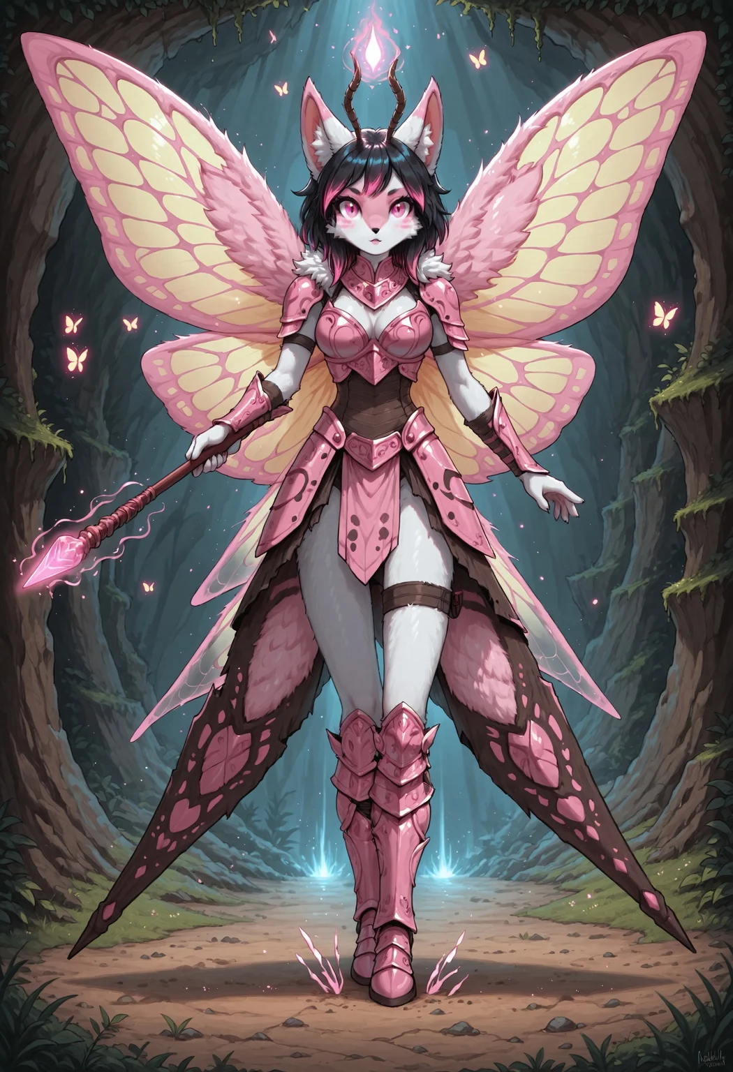 masterpiece, (best quality:1.1), ultra-detailed, high resolution, highly detailed macro illustration, solo BREAK 1girl, Molly, hybrid, anthro fox, (long black hair, pink highlights), breasts, (white fur, pink fur), fluffy ears, bottom heavy, cute, arthropod, antennae, (glowing pink eyes:1.3), look at viewer BREAK (cursed warrior armor:1.3), (magic insect wings:1.3), (Holding magic spear:1.2), full body, magic energy, (pink magic effects), (dynamic pose:1.2), magic particles, glowing particles BREAK detailed background, in the cave, flowering forest outside the cave, spring, (colorful glowing butterflies:1.3), dramatic angle BREAK sharp focus, perfect lighting, extremely detailed, high detail, cinematic softness