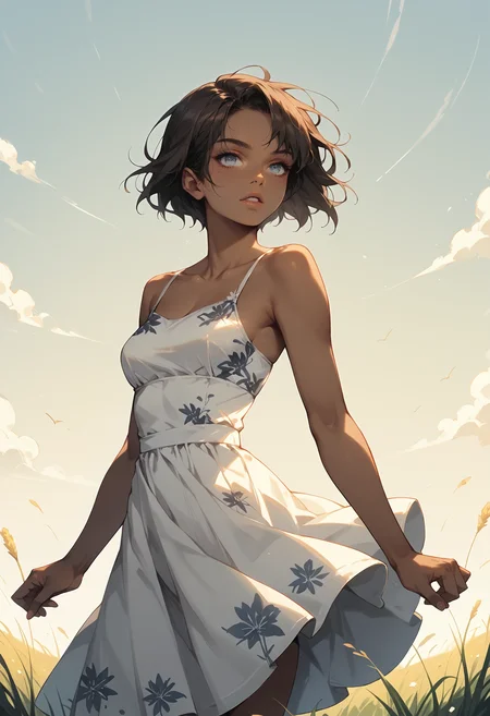 score_9, score_8_up, score_7_up, score_6_up, score_5_up, score_4_up, (masterpiece, best quality, high quality, highres, ultra-detailed), source_anime, 1girl, solo, sundress, floral print, short hair, brown hair, blue eyes, looking up, parted lips, dark skin, tomboy, arms out, dancing, spinning, grass, field, <lora:Sinozick_Style_XL_Pony:0.8> sinozick style, flat color, dark theme, <lora:jym-r4t:0.9> p_e_g,