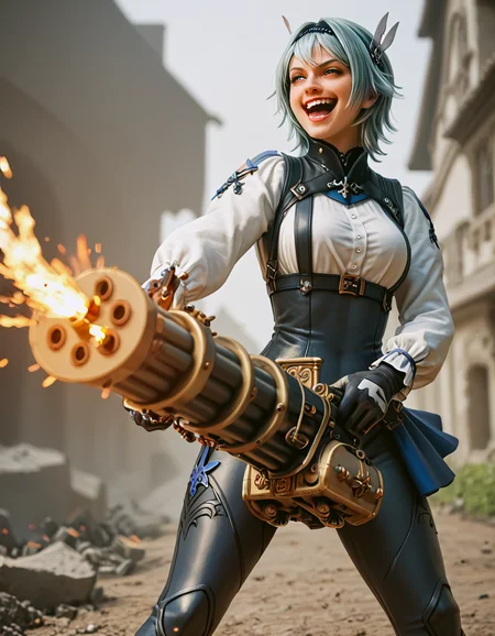 score_9, score_8_up, score_7_up,
source_anime,
close view of eula,
solo, holding ranged weapon, gatling gun,
firing, casing ejection,destruction, embers, explosion,smoke,
crazy,laughing,
front of medieval cathedral, courtyard, medieval fantasy town,
dynamic, motion blur, emphasis lines,
<lora:firearm_enhancement:0.9>