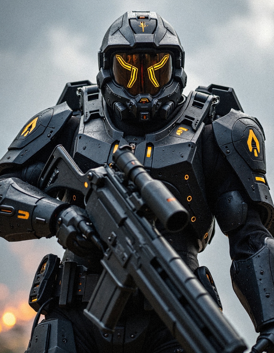 aidmaHyperrealism
"A menacing armored warrior in a jet-black exosuit designed with interlocking plates and glowing orange neon details. The helmet, a blend of futuristic tech and tactical functionality, showcases sharp edges and a glowing yellow insignia. Tactical straps, ammo pouches, and a large weapon are mounted onto the suit, emphasizing its battlefield readiness. The background is an overcast sky, adding a gritty, militaristic atmosphere with subtle mist and light shining off the polished armor."
 <lora:FluxDFaeTasticDetails:0.2> <lora:aidmaHyperrealism-FLUX-v0.3:0.8>