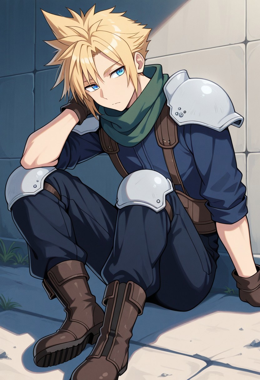 masterpiece,best quality,amazing quality, source_anime,
SoutouKumo, 1boy, male focus, solo, blue eyes, blonde hair, spiked hair, white shoulder armor, scarf, green scarf, blue shirt, sleeves rolled up, gloves, pants, white knee pads, boots, sitting, on ground, outdoor, wall,