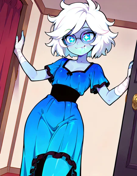 recent, very awa, masterpiece, score 8 up, score 7 up, score 6 up, score 5 up, sky blue skin, white hair, blue eyes, messy hair, short hair, bandaged hands, elegant outfit, frlled dress, blue dress, black trim, frilled skirt, long skirt, blue skirt, star shaped eyes, glasses, fang, demon, sfw, young, CartoonyIllustrious, smile, amazed expression, dynamic angle, indoors, solo, embedding:civit nsfw