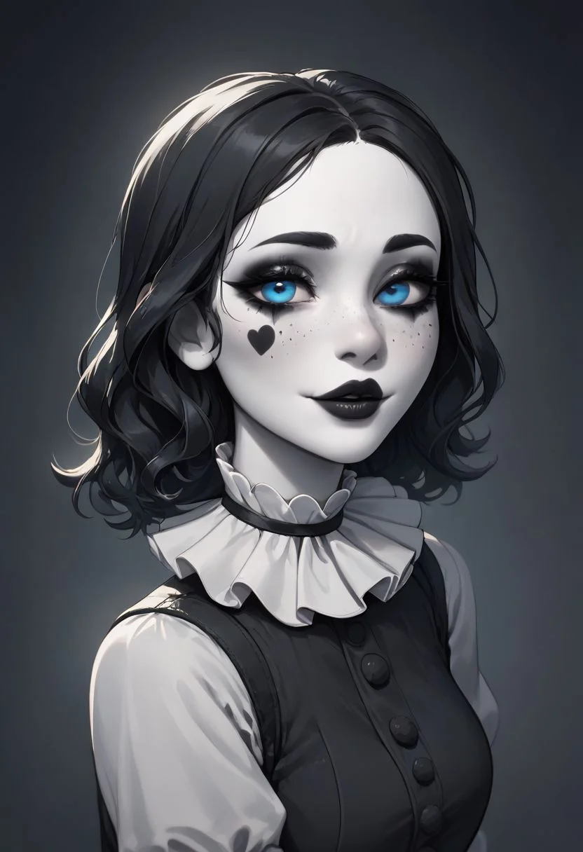 (((beautiful, high quality))), upper Body, score_9, score_8_up, score_7_up,
looking at the viewer, posing,
Clown, Clown makeup, clown costume, black and white clown costume, mime makeup, 1girl, long black hair, freckles, thick eyebrows, blue eyes,
dark background, blurred background,
