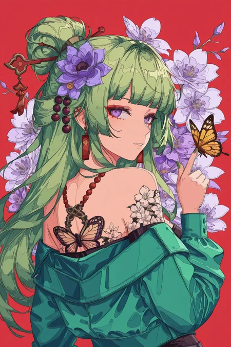 1girl,butterfly,bug,flower,solo,hair ornament,tattoo,jacket,looking at viewer,long hair,eyeshadow,purple eyes,makeup,blunt bangs,upper body,red background,earrings,hair bun,green jacket,long sleeves,green hair,hair flower,looking back,jewelry,purple flower,parted lips,white flower,index finger raised,yellow butterfly,hand up,yellow flower,off shoulder,piercing,floral background,from behind,nail polish,hair beads,butterfly on hand,blue flower,ligne claire
<lora:nest virgo_illustriousXL:1.5>,