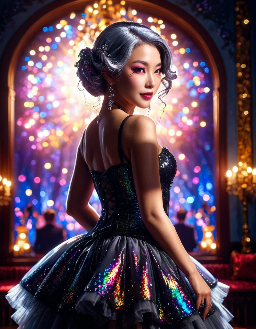by Kanzan Shimomura, elegant Burlesque ral-blkhlg of Development, Gray hair styled as Side part, Bokeh, detailed, masterpiece, silhouette, dreamy magical atmosphere, <lora:ral-blkhlg-sdxl:1.1>, grand illumination, magical atmosphere, cinematic light, epic, rich vivid colors, perfect composition, colorful
