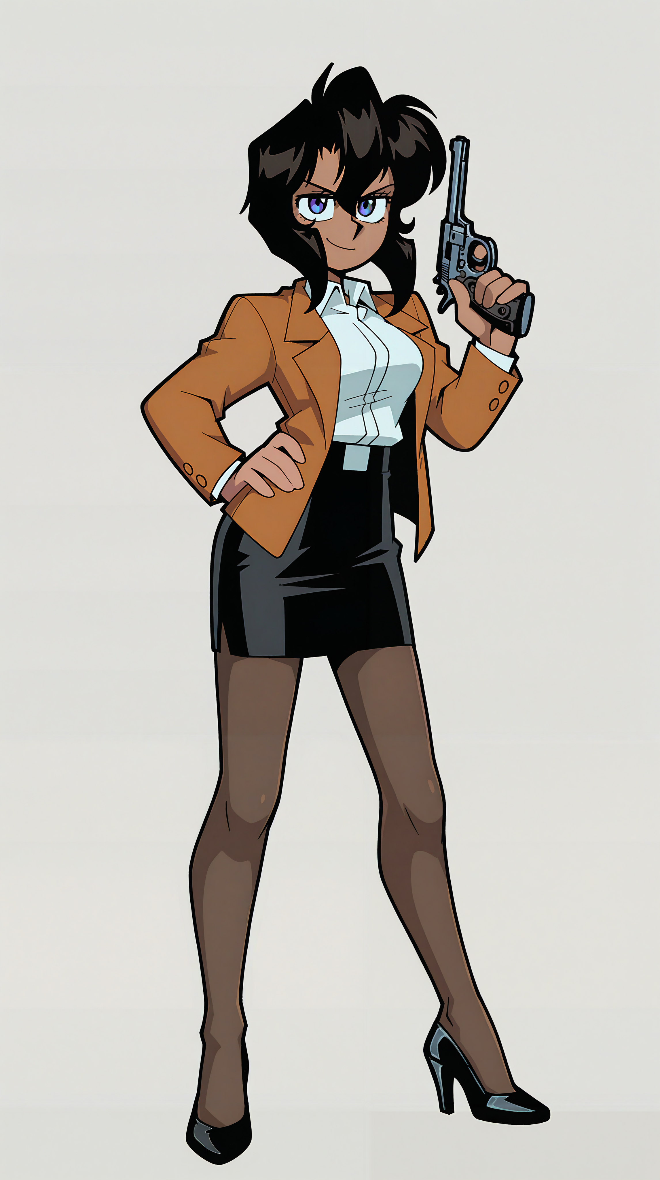 closed mouth, looking at viewer, standing, evil smile, holding walther p38, hand on own hip, arm up, pose, arched back,
BREAK
simple background, white background, full body, 
BREAK
1girl, (rally vincent:1.4), dark-skinned female, blue eyes, medium hair, 
BREAK
brown suit jacket, white collared shirt, black pencil skirt, black low block heels, brown pantyhose, pumps,
BREAK
best quality, highres, aesthetic, absurdres, masterpiece, best quality,
BREAK
 <lora:VanripperIllustriousXL_byKonan:1.2> vanripper,  <lora:GunsmithCats:0.8>