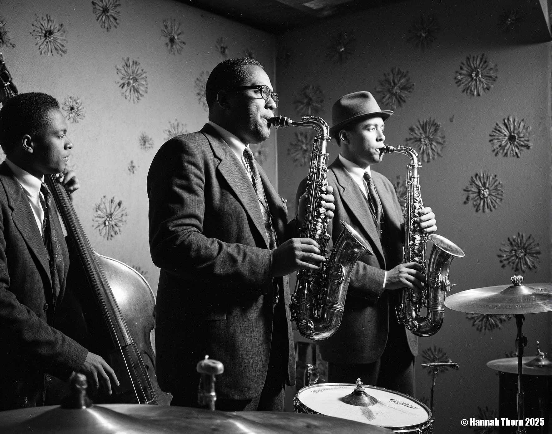 The image is a black and white photograph depicting a jazz band in performance.    **Description:**  The photo shows three musicians prominently featured. The central figure is a man playing a tenor saxophone; he's wearing a dark suit and tie. To his right, another man in a suit and fedora plays an alto saxophone. On the left, partially obscured, a third musician is visible, playing a double bass. The background is a dimly lit room with indistinct wall décor that suggests a jazz club setting.  There are drums partially visible in the foreground, along with cymbals. The lighting is dramatic, focusing primarily on the saxophonists, with the rest of the scene falling into shadow. The overall mood is one of intense concentration and musical energy.   **Style:**  The photograph's style is classic black and white photojournalism or fine art photography, characteristic of mid-20th-century jazz photography.  The use of high contrast, deep shadows, and a focus on the musicians' expressive faces and hands creates a sense of intimacy and immediacy. The grainy texture of the image, which is probably intentional, adds to the vintage feel and emphasizes the mood of the scene. The composition is relatively candid, with the musicians seemingly caught in the moment of performance rather than posed formally.  The use of light and shadow helps draw the viewer's eye to the central musicians and instruments. <lora:_Flux\Vintage_Jazz-Club.safetensors:1.0:1.0>
