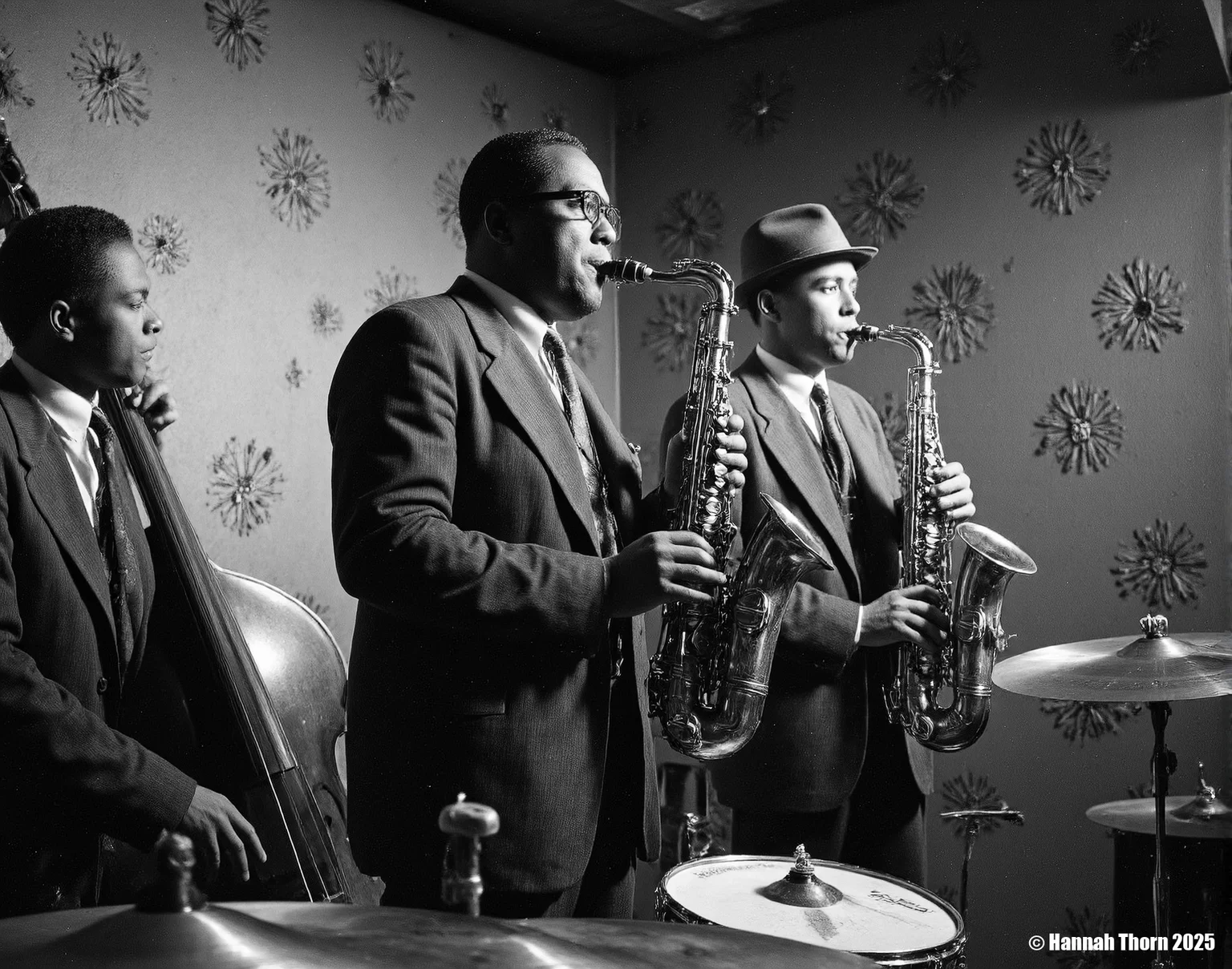 The image is a black and white photograph depicting a jazz band in performance. **Description:** The photo shows three musicians prominently featured. The central figure is a man playing a tenor saxophone; he's wearing a dark suit and tie. To his right, another man in a suit and fedora plays an alto saxophone. On the left, partially obscured, a third musician is visible, playing a double bass. The background is a dimly lit room with indistinct wall décor that suggests a jazz club setting. There are drums partially visible in the foreground, along with cymbals. The lighting is dramatic, focusing primarily on the saxophonists, with the rest of the scene falling into shadow. The overall mood is one of intense concentration and musical energy. **Style:** The photograph's style is classic black and white photojournalism or fine art photography, characteristic of mid-20th-century jazz photography. The use of high contrast, deep shadows, and a focus on the musicians' expressive faces and hands creates a sense of intimacy and immediacy. The grainy texture of the image, which is probably intentional, adds to the vintage feel and emphasizes the mood of the scene. The composition is relatively candid, with the musicians seemingly caught in the moment of performance rather than posed formally. The use of light and shadow helps draw the viewer's eye to the central musicians and instruments. <lora:_Flux\Vintage_Jazz-Club.safetensors:1.0:1.0>