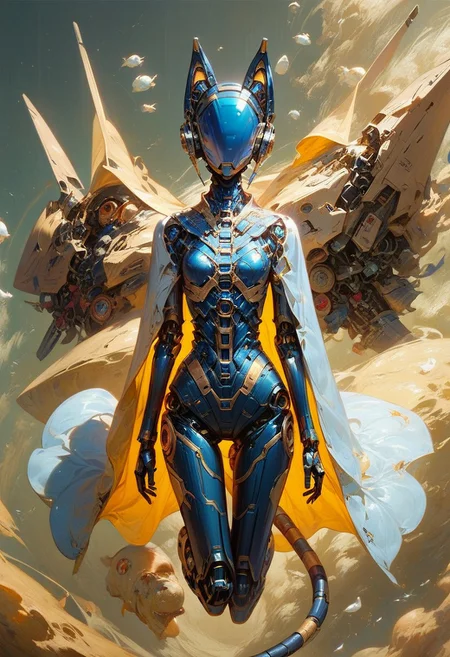 score_9, score_8_up, score_7_up, best quality, mcnm, robot girl, solo, front view, steel color visor, cat-ear-parts, Streamlined black Egyptian space suit, lace white cape, mechanical cat tail, jumping, wind swept cape, on the wide beach, beautiful sea,