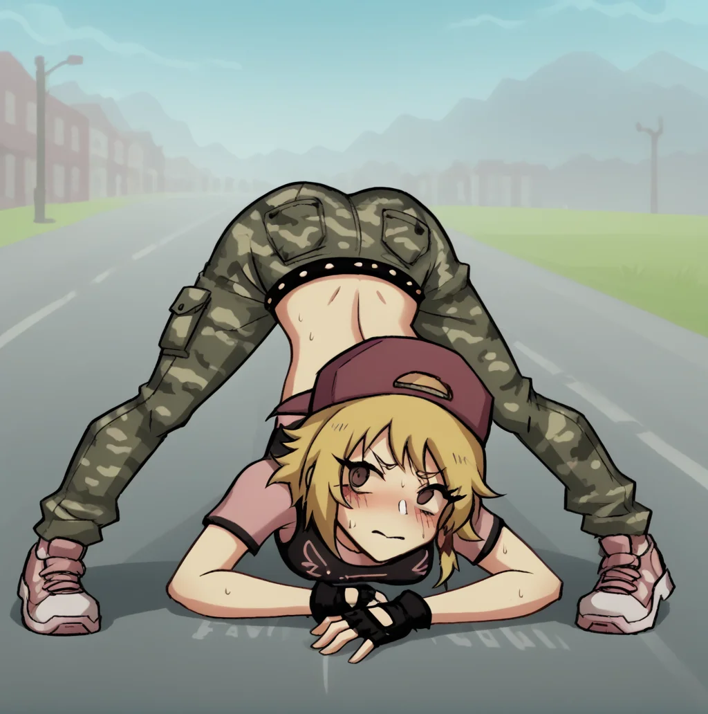 full body, best quality, best anatomy, BREAK
score_9, BREAK
outdoors, street, BREAK
1girl, solo, jay_lg, hat, blonde hair, dyed left bang, fingerless gloves, crop top, midriff, camo pants, belt, embarrassed, blush, jack-o' challenge, BREAK
<lora:Jay_Lacey_Games:1>