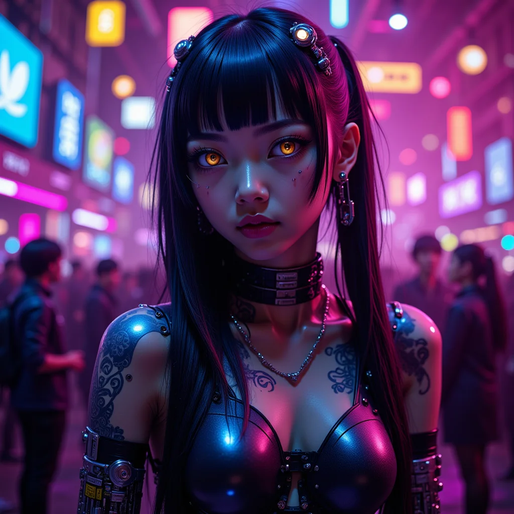 cybotix style, humanoid Emo girl at a rave party