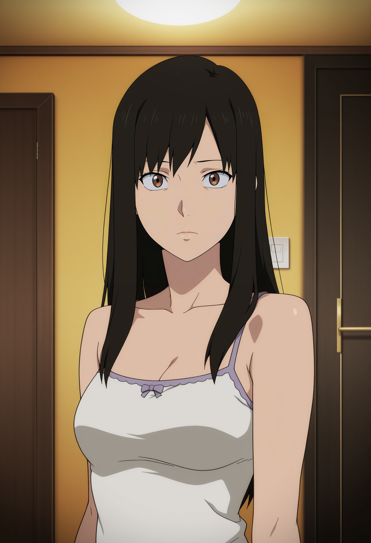1girl,solo,mm,mature female,long hair,black hair,brown eyes,anime coloring,
camisole,bare shoulders,upper body, looking at viewer, indoors
,masterpiece,best quality,amazing quality,<lora:Kaori-Gyo:0.8>