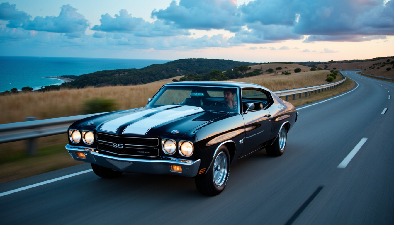 1970chevelless in motion, black with white rally stripes, man driving, racing along a highway, rolling grassy hills, guardraills, blue sky, clouds, ocean in background at dusk,
motion blur, action lines, long exposure, selective focus, intentional blurring,
extremely detailed, sharp focus, sharp