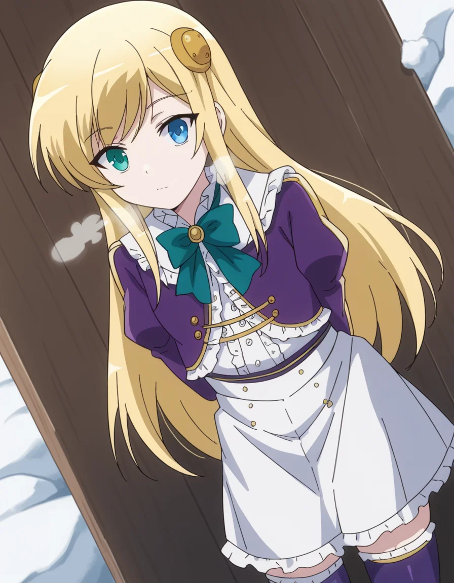 score_9, score_8_up, score_7_up, source_anime, <lora:yumina-belfast-urnea-s2-ponyxl-lora-nochekaiser:1>, yumina belfast urnea, long hair, blue eyes, blonde hair, hair ornament, green eyes,, skirt, thighhighs, purple sleeves, frills, white skirt, skirt, blue skirt, frilled skirt, bowtie, green bowtie, frilled center, snow day, winter clothes, snowball fight, laughter, cold breath, white landscape, , hands behind back, bent over,, looking at viewer, solo,, dutch angle, cowboy shot