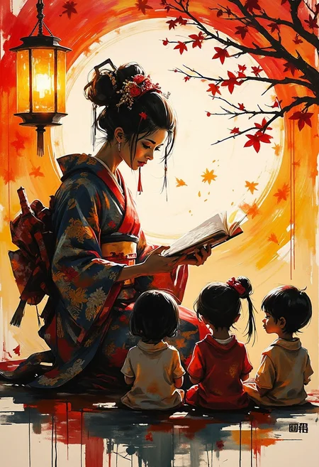 Silhouette Art, breathtaking detailed, masterpiece, awe-inspiring, radiant, magnificent, ink on rice paper Geisha Sharing Stories with Children: A geisha gathers children around her under glowing lanterns during a summer festival, captivating them with enchanting tales of folklore and tradition.