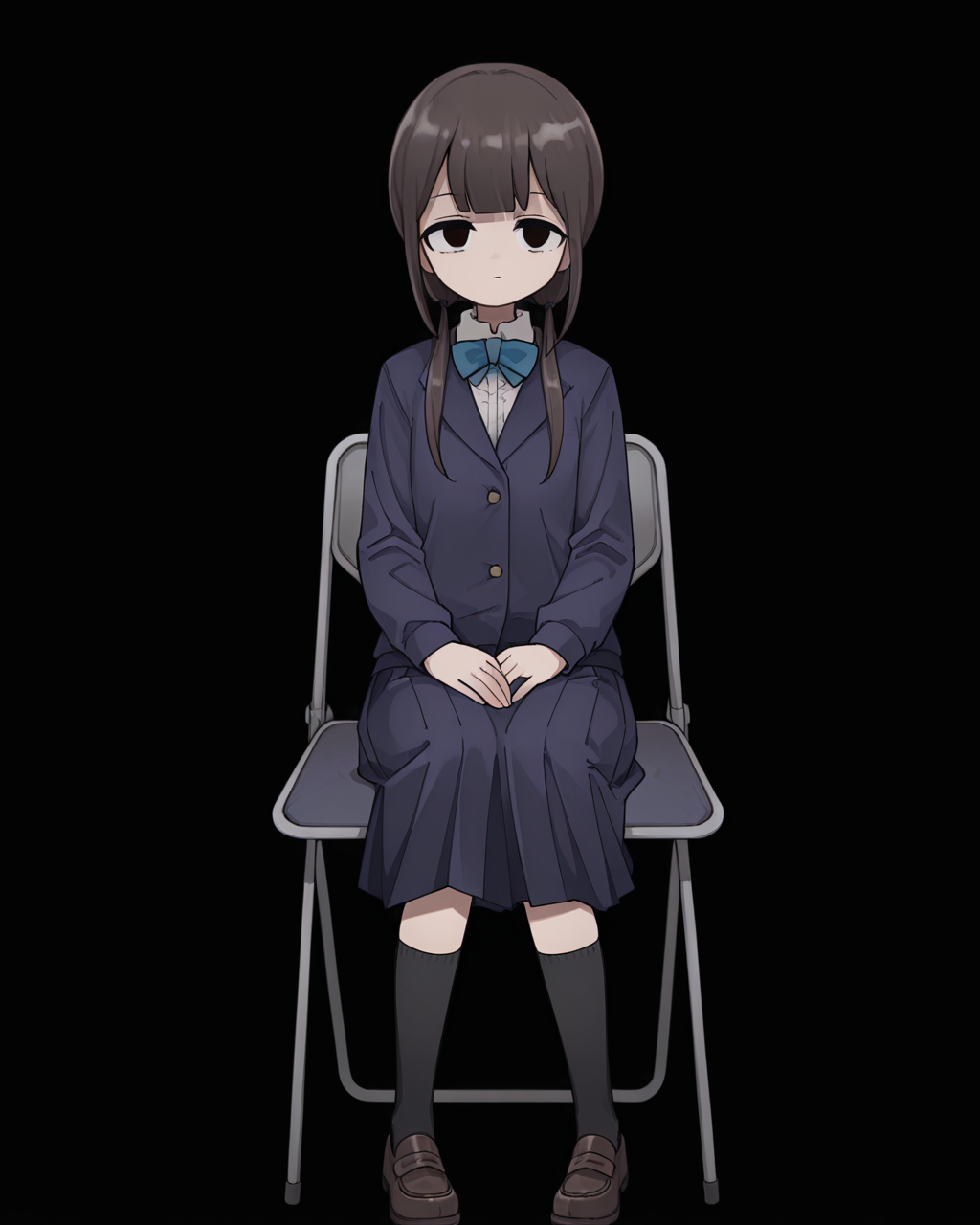 1girl, solo, chirijiri \(synthesizer v\), brown hair, blunt bangs, low twintails, black eyes, empty eyes, school uniform, blue bowtie, blue jacket, white shirt, blue skirt, pleated skirt, black socks, brown footwear, (sitting:1.1), chair, looking at viewer, simple background, black background, masterpiece, best quality, very aesthetic, absurdres