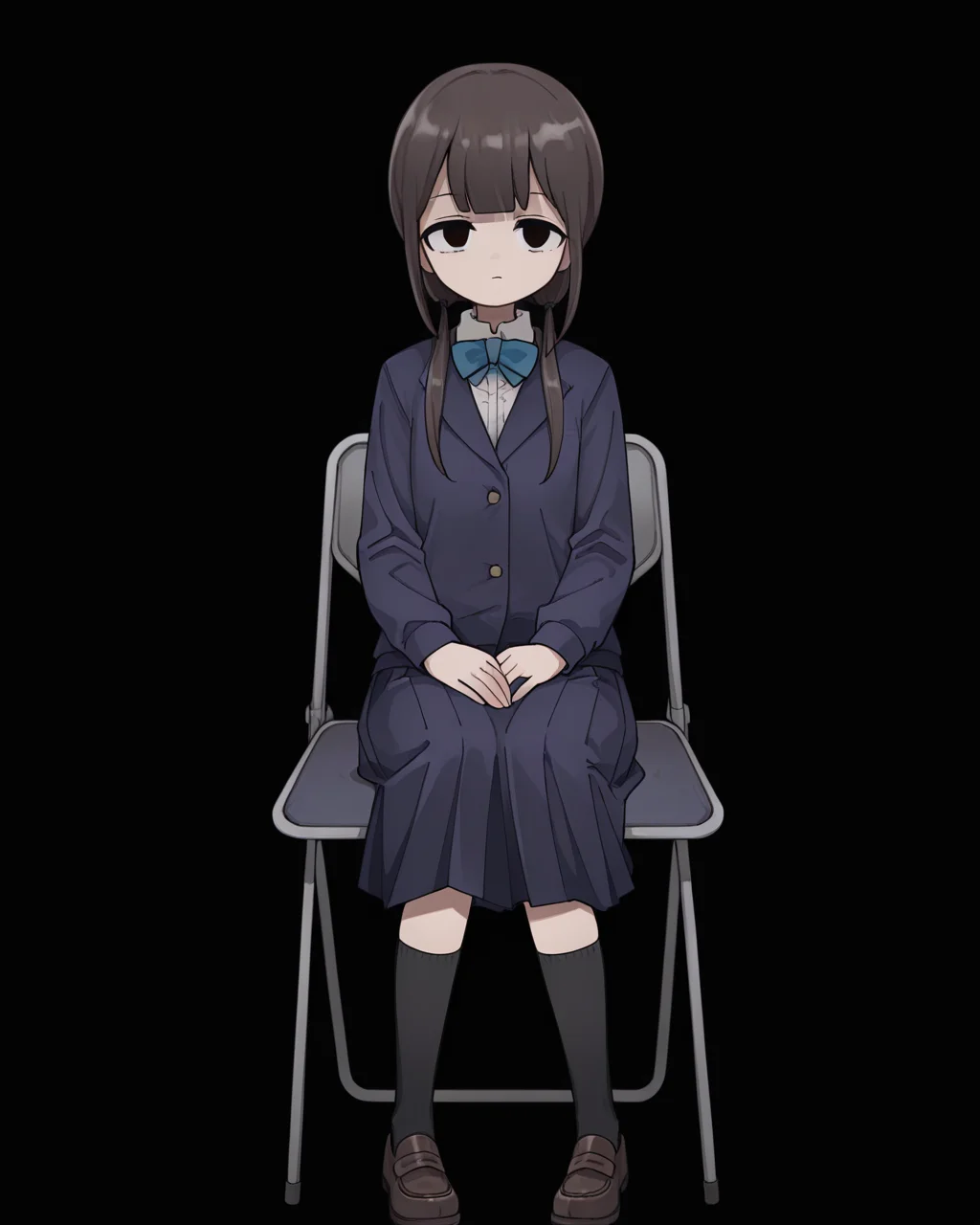 1girl, solo, chirijiri \(synthesizer v\), brown hair, blunt bangs, low twintails, black eyes, empty eyes, school uniform, blue bowtie, blue jacket, white shirt, blue skirt, pleated skirt, black socks, brown footwear, (sitting:1.1), chair, looking at viewer, simple background, black background, masterpiece, best quality, very aesthetic, absurdres