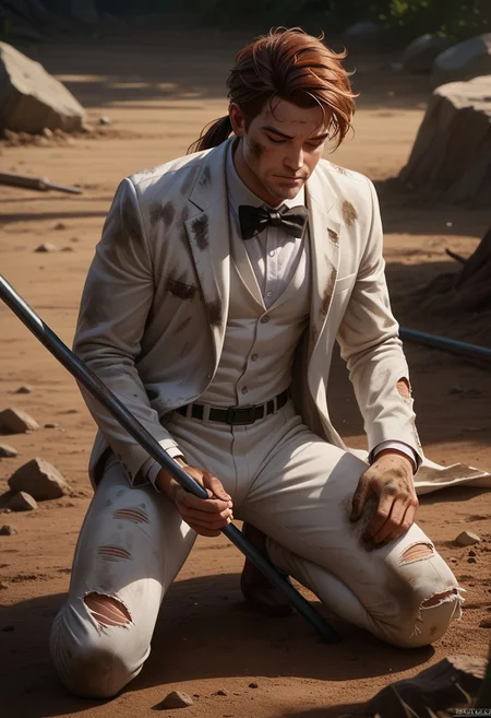 Dsk_Remy_Lebeau, 1boy, auburn hair, closed eyes, facial hair, bow, bowtie, formal, jacket, long sleeves, male focus, one knee, pants, ponytail, scarf, shirt, solo, suit, torn clothes, white pants, white shirt, white suit, bo staff, outdoors, dirt, dust, studio photography, detailed eyes, detailed skin, textured skin, specular highlights, side lighting, extreme light and shadow, cinematic lighting, cinematic angle, score_9, score_8_up, score_7_up, score_6_up, score_5_up, score_4_up,