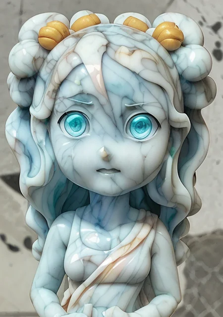 (((statue))), (((made of marble))), ((3d)), (by Jeff Kinney), (by Hikari Shimoda),(black outlines), anime style, (((chibi))), ((cartoon style)), (cartoonized), slime girl, slime, ((melting)), blue, made out of water, photo of a monster girl, cartoon eyes, blue girl, blue skin, onigiri,