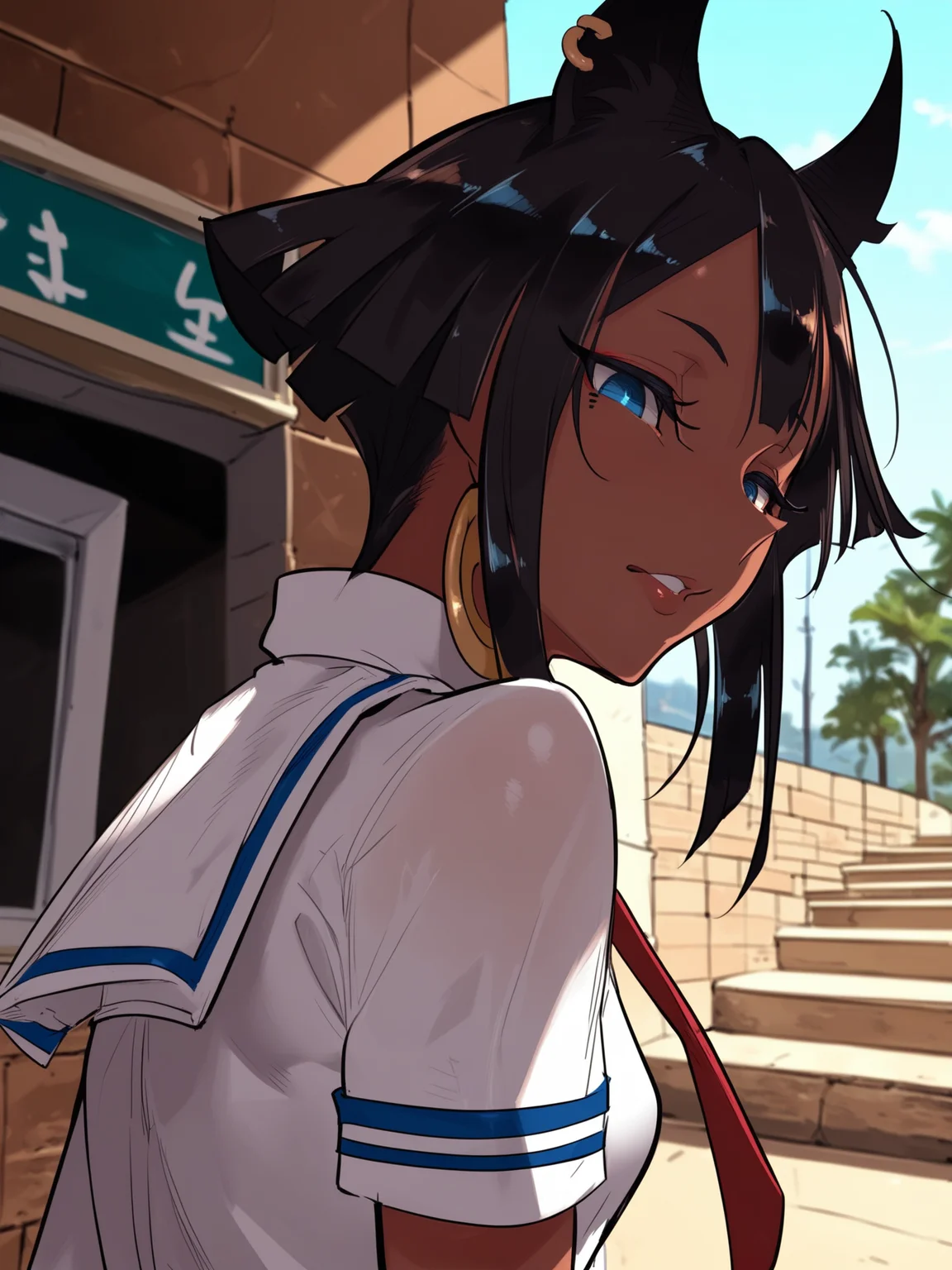 <lora:happy_tentacle-mummy-v0.2-000024:1>, ht_mummy, dark-skinned female, blue eyes, ear piercing, jackal ears, hair flaps, school uniform , outdoors, 1girl, solo, upper body , , ( parted lips :1.1), , looking down , standing , from behind , score_9, score_8_up, score_7_up, score_6_up, score_5_up, score_4_up