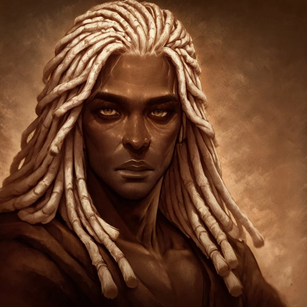 masterpiece, best quality, newest, absurdres, highres, D3CSPS-V1.0, brown theme, sepia, monochrome,
1boy, dark skin, dark-skinned male, dredlocks, white dreadlocks, african, african male,