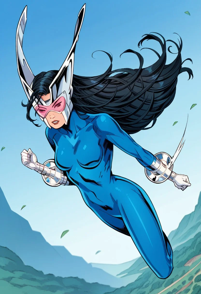 score_8, score_8_up, score_7_up, 1girl, female focus,( solo:1.3),  turbomarvel, long hair, black hair, bodysuit, helmet, mask, outdoors, flying, blue sky,