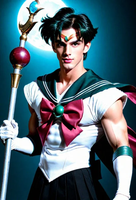 League of Legends, 1male, male focus, riot style, digital art, concept art, realistic, fantasy, 4k, best quality, masterpiece, extremely detailed, very detailed face, very detailed eyes, dynamic angle, seen from above, perspective shot, dynamic pose, fighting pose, 3D, vintage sci fi poster of a lean male, MAN, MALE, tall, gorgeous, male model, stunning, dark green hair, straight hair, man bun, combed hair, round face, huge plumped lips, big lips, blushed, videogame eyes, man only, shy, beautiful, romantic, calmed, wearing a sailor pluto uniform, sailor senshi uniform, burgundy bow, black skirt, holding a long scepter, flying in space, surrounded by smoke, (cinematic light, volumetric), Cinematic Shot