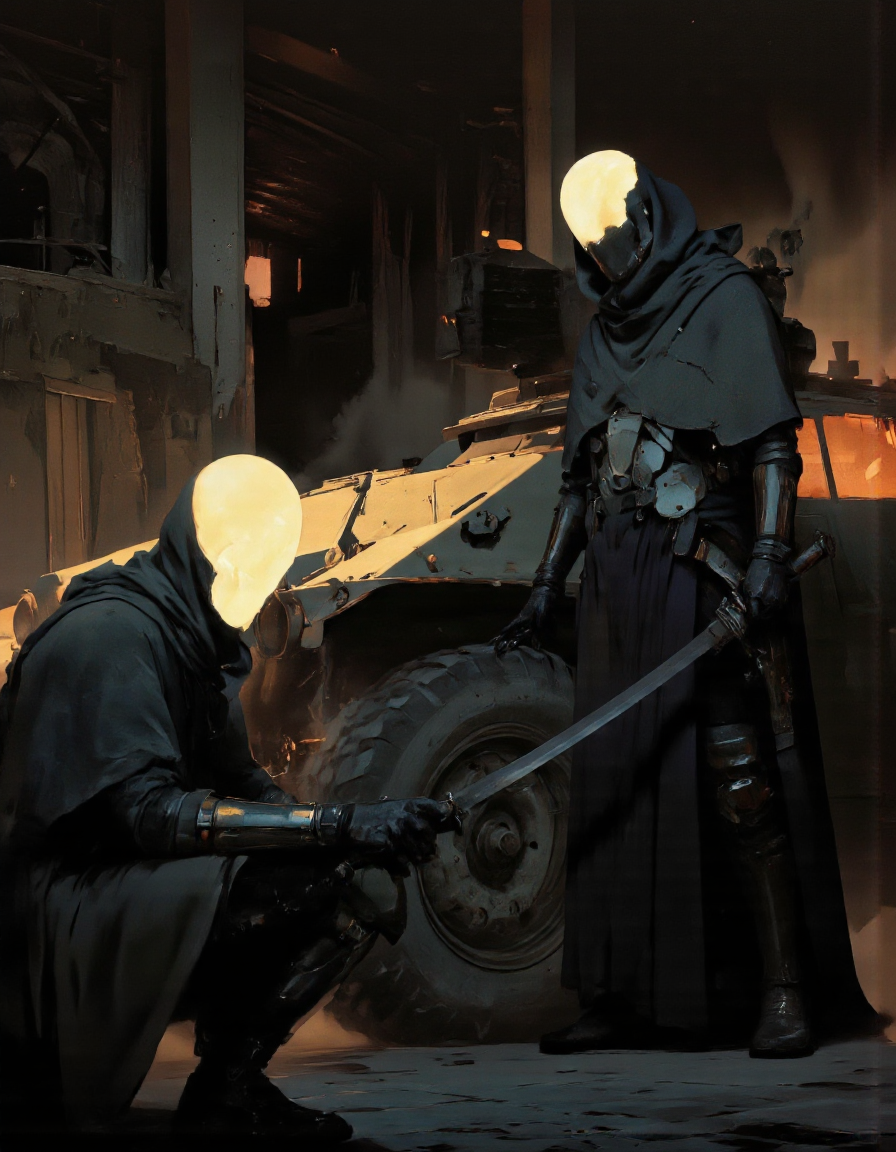 Art by Piotr JabÅoÅski. A digital illustration shoot from the side about a futuristic scene featuring two silhouetted figures in dark armor with glowing hoods, one kneeling and one standing, in a post-apocalyptic setting. the scene is set in a dimly lit, industrial environment with a smoky, smoky atmosphere and a large, armored vehicle in the background. on the left of the image, a humanoid figure, who appears to be in a crouched position, is facing the viewer with a serious expression, wearing a glowing, hooded cloak that covers their face and body. the figure on the right, who is standing with a weapon in hand, is also in a squatting position, holding a sword. both figures have glowing, glowing eyes and appear to be armored, with a sleek, metallic design. the overall atmosphere is dark and moody, with shadows and highlights adding to the dramatic lighting effect.